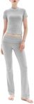 PUMIEY Lounge Sets for Women Two Piece Sets Fold-Over Flare Pants Crew Neck Short Sleeve T-shirts Loungewear Tracksuit, Heather Grey Large