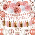 Rose Gold and Pink Birthday Party Decorations Set with Happy Birthday Banner,DIY Cake Topper,Circle Dots Garland,Hanging Swirls,Tissue Paper Pompoms,Paper Tassels Garland,Confetti Balloons