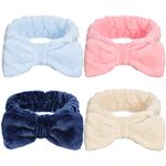 GOTH Perhk 4 Pack Spa Bowknot Hair Bands, Coral Fleece Makeup Headband Elastic Head Wrap for Washing Face Shower Yoga Sports Skincare(Beige, Pink, Blue, Navy Blue)