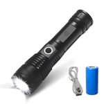 RENMAX LED Laser Hand Torch Bright Beam Adjustable Focus Zoom | 3-Light Modes | 2000mAh Rechargeable Battery with C-Type Fast Charging | Rainproof Metal Body -1 Pc (14 Cm Black)