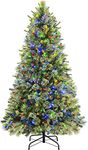 SHareconn 6ft Prelit Premium Artificial Hinged Christmas Pine Tree with 340 Warm White & Multi-Color Lights, 8 Light Modes, 1398 Branch Tips and Foldable Metal Stand, Easy to Assemble