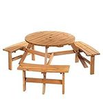 Outsunny 6 Seater Wooden Picnic Table and Bench Set Round Patio Dining Set with 3 Benches and Umbrella Hole Outdoor Garden Park