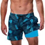 Cozople Men's Swim Trunks Compression Liner Swim Shorts Summer Quick Dry Bathing Suits Boxer Brief Lined Swimwear, Tropic Palms Blue, Medium