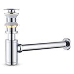 MENATT Round P-Trap Waste Pipe Kit Assembly, Bottle Trap Deodorant Type with 1 1/4" Pop-up Drain Stopper Without Overflow, Bathroom Sink Siphon Drainer Plumbing Tube Chrome Finished