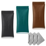 Soft Glasses Case, 3 Pack Portable Squeeze Top Leather Glasses Case with Cleaning Cloth, Sunglasses Case Water Proof Glasses Pouch Storage Bags Suitable for Women Men (Black, Dark Green, Brown)