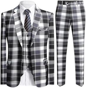 YFFUSHI Men's Plaid Tweed 3 Piece Suit Slim Fit Button Dinner Suit Tuxedo Grey Black