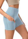 ODODOS 5" Tummy Control Yoga Shorts for Women with Pockets High Waist Athletic Workout Biker Shorts, Chambray, Medium