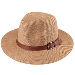 DRESHOW Women Straw Panama Hat Fedora Beach Sun Hat Wide Brim Straw Roll up Hat UPF 50+