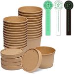 [25 Sets - 8 oz] Kraft Paper Food Soup Containers with Vented Lids, Microwavable Disposable Food Soup Bowls, Ice Cream Cups, Great for Restaurants - Extra 30 Hand Made Self-Adhesive Labels