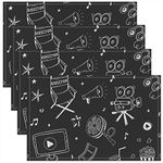 4 PCS of Hand Drawn Cinema Placemats 16x16 Movie Camera Popcorn Place Mats Drinks Video Tape Clapboard Cartoon Ticket Star Placemats for Kids Boys Girls Film Hot Dog Placemats