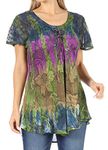 Sakkas 14783 - Dina Relaxed Fit Sequin Tie Dye Embroidery Cap Sleeves Blouse/Top - Navy - OS