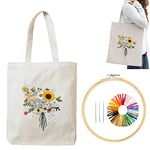 Creamy-White Tote Bag Embroidery Kit with Flower Pattern and Instruction Include Embroidery Bag, Bamboo Embroidery Hoops, Color Threads and Needles (Flower)