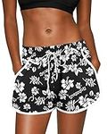 Women's Hawaiian Casual Swim Beach Shorts Summer Tropical Boardshorts with Pockets Black Floral XL