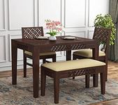 Porash Furniture Sheesham Wood 4 Seater Dining Table with 2 Cushion Chairs and 1 Bench for Living Room Home Office Dining Room Wooden Furniture Dinner Table Set (Walnut Finish) |