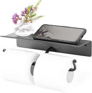 RTZEN Bathroom Toilet Paper Holder with Shelf - Handcrafted Rustic Wrought Iron Wall Decor Double Toilet Roll Holder - Black Wall Mount Toilet Paper Bar for Modern Farmhouse Bathroom Décor
