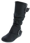 Forever Link Women's Closed Round Toe Buckle Slouch Flat Heel Mid-Calf Boot, Black Pu, 8 UK