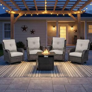 Opohoro Wicker Patio Furniture Set- 4 Pieces Outdoor Swivel Rocker Chairs with 50,000 BTU Fire Pit Table,PE Rattan Outdoor Conversation Set for Garden Porch Deck