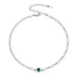 Sterling Silver Figaro Anklet, Diamond Cut Link Chain Ankle Bracelet with May Birthstone Emerald Gem Anklets for Women