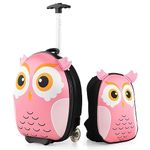 HONEY JOY Kids Luggage, 12” Children Hardshell Backpack & 16” Toddler Travel Rolling Suitcase, 2 Pcs Lightweight Carry On Luggage Set, Kids Luggage with Wheels for Girls & Boys (Pink Owl)