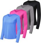 4-Pack: Womens Dry-Fit Long Sleeve V-Neck Shirt Tops T-Shirt Fashion Workout Gym Tees Athletic Active Adult Ladies Tshirt Clothing Fall Casual Outfit V Running Activewear Exercise UPF - Set 9,XXL