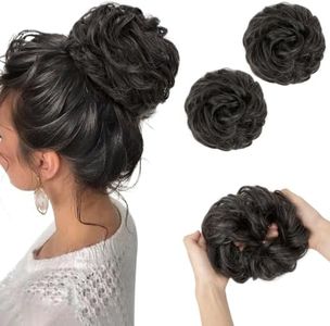 SARLA 2PCS Messy Hair Bun Hair Pieces Wavy Curly Synthetic Updo Fake Scrunchies Ponytail Extension for Women Pepper Grey