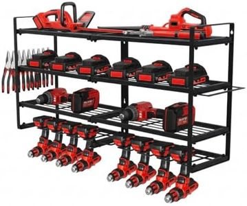 PrecisionAuto Wall Mount Tool Organizer, 4-Tier Heavy Duty Metal Storage Shelves with 8 Drill Holders, Garage Storage Rack for Power Tools, Workshop & Garage Shelving, Black