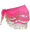 Belly Dance Hip Skirt Scarf Wrap Belt with 128 Dangling Gold Coins, Chiffon Belly Dancing Skirts Outfit Accessory for Women