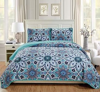 MK Home 3pc King/California King Oversized Quilted Bedspread Coverlet Set Floral Turquoise White Grey New