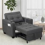 DURASPACE Dark Grey Linen Modern Recliner Adjustable Backrest Armchair Sleeper Chair Bed With USB Port, Cup Holder, Side Pockets, Bottom Storage Basket For Home Living Room