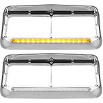 Partsam 2x Headlight Bezels Chrome w/Visor 12" Clear/Amber LED Light Strip Replacement for 4x6 Lights Kenworth T400 T600 T800 W900B W900L Peterbilt 378 379 Western Star 4900 Freightliner Semi Trucks