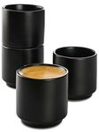 Stackable Espresso Cups - 4 Black Ceramic Coffee Cups - Minimalist & Elegant Design - Heat Resistant - Thick Walled - Dishwasher Safe - 80ml / 2.7oz