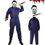 Michael Myers Costume for Adults 3PCS Mens Halloween 1978 Michael Myers Mask and Blood Smudged Knife Horror Cosplay Costume Set For Halloween Fancy Dress Theme Party Work Overalls Blue Jumpsuit,M