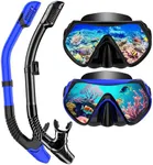 Snorkeling Gear for Adults, Snorkel Set Scuba Diving mask Dry-Top, Adult Swimming Goggles with Nose Cover, HD Tempered Glass Panoramic Anti-Leak Anti-Fog (Blue+Black)