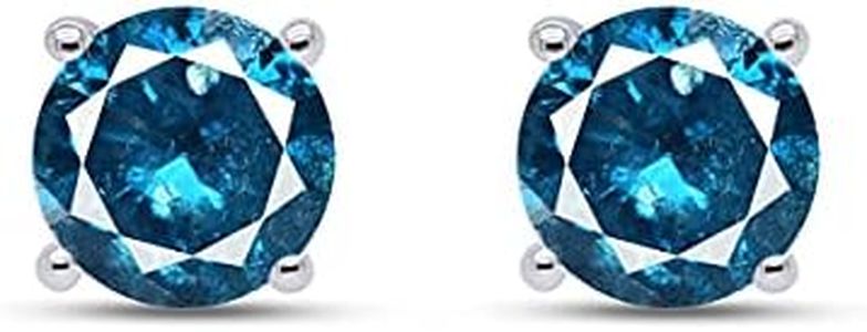 Blue Natural Diamond Stud Earrings In 14K White Gold Over Sterling Silver (0.2 Ct)