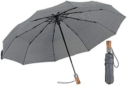 HOMILOOP Business Travel Umbrella,10 Ribs Compact Folding Umbrella with Windproof Material,Automatic Opening,Compatible Rainy and Sunny Weathers,Vintage Plaid and Wooden Handle Parasol