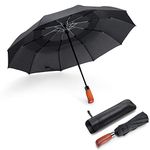 JIGUOOR 10 Ribs Folding Umbrella Windproof Compact Travel,Auto Open/Close Large Rain Umbrellas w/Polyester Coating, Ergonomic Handle Free Leather Case for Mens Women