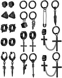 Kakonia 22Pcs Stainless Steel Fake Earrings for Men Women Cross Chain Pendant Earring Non-Piercing Huggie Hoop Earrings Set Clip On Earrings for Men Black Fake Earrings