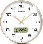 VOLANTIS 12 Inch Non-Ticking Silent Wall Clock with LCD Display for Perpetual Calendar and C° Temperature, Ideal Modern Stylish Clock for Home, Living Room, Bedroom, Office (White & Gold)