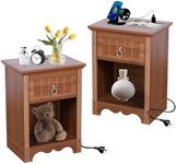 FurSch Night Stand Set of 2 with Charging Station,Mid Century Modern Bedside Tables with Drawer & Open Compartment,Fluted Night Stand with Storage for Bedroom (Walnut, Charging Station)