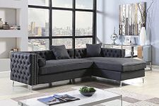 ES ESPINHO ESPN0075 Solid Sal Wood Leatherette Upholstered 4 Seater Right Hand Side Facing Chesterfield Modular, Sectional, Corner L Shape Sofa Set for Living Room, Dark Grey Color