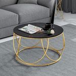 PREDELLA Round Coffee Table, Modern Coffee Table for Living Room, Tea, Coffee Tables Wooden Tabletop,Center Table,Durable Wood Faux Marble Top with Metal Legs (Black)