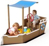 PetsCosset Kids Wooden Sandbox with Canopy, Pirate Ship Sandbox with Lid Outdoor with Steering Wheel, Built-in Seats & Storage, Bottomless Design with Liner, UV-Resistant Roof, Gift for Ages 2-8