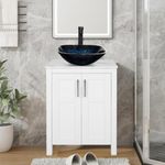 Puluomis 24 Inches Traditional Bathroom Vanity Set in White Finish, Single Bathroom Vanity with Marble Texture Top, Blue Square Glass Sink Top with Single Faucet Hole