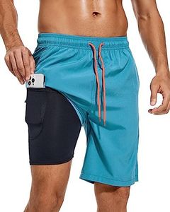 difficort Mens Swim Trunks Quick Dry Bathing Suit 9 inch Inseam Board Shorts with Compression Liner and Zipper Pocket, Peacock Blue, Medium