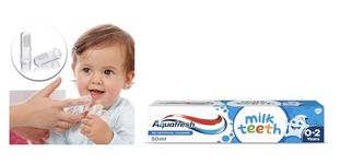 Aquafresh Milk Teeth Babies Toothpaste 50ml + Sanitral Baby 0-2 Years Silicone Finger Toothbrush (Set of 2)