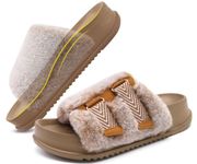 KuaiLu Womens Fluff Slides Plantar Fasciitis Arch Support Fuzzy Platform Slipper Orthotic Faux Fur Sandals Adjustable Open Toe House Slippers Indoor Outdoor, Beige Size 8