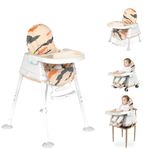 Golden Bee Deluxe 4 in 1 Convertible High Chair for Babies and Toddlers, Feeding Seat with Tray, Wheels, Safety Belt, and Cushion Seat, for Baby Boy & Girl 6 Months to 3 Years (Brown)