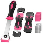 Ywmoml 3 Pack Razor Blade Scraper, Plastic Razor Blade Scraper, Scraper Tool with Extra 30 Plastic Razor Blades and 30 Metal Blades, Razor Scraper for Gum, Cooktop, Wallpaper or Glass Tool (Pink)