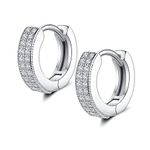 Small Silver Hoop Earrings for Women Men | Sterling Silver Post Double-row Cz Cubic Zirconia Pave Hinged Huggie Hoops Cartilage Helix Earings, Piercings Jewelry (8mm)