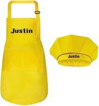 Personalized Kids Apron and Chef Hat Set - Cute Chef Costume for Kids - Kids Aprons with Pockets for Cooking Painting Party - Adjustable Unisex Yellow Apron for Kids - Small